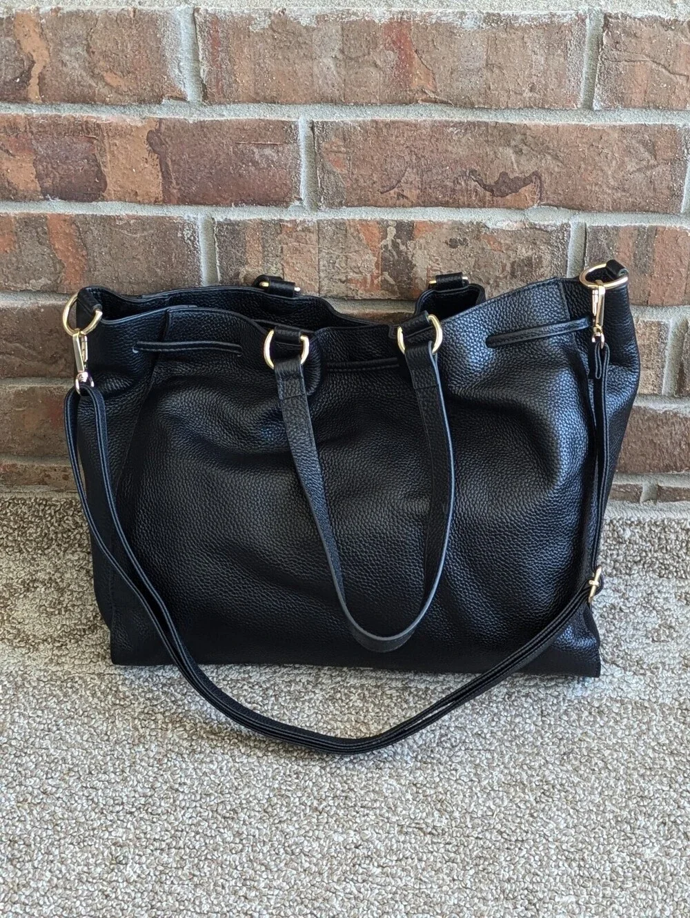 Laggo Taylor Tote Shoulder Bag Black Pebbled Leather Drawstring Satchel Purse